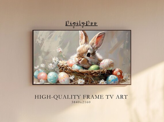 Easter Bunny in Egg Basket, Vintage Farmhouse Art Print