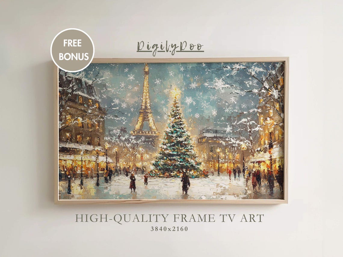 Paris Eiffel Tower Christmas Tree Snowy Street Holiday Night Poster