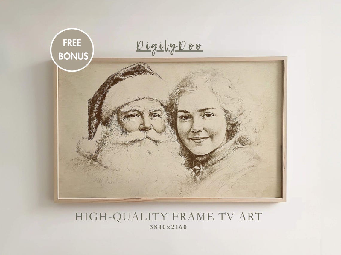 Christmas Frame Tv Art Vintage Santa Claus And Wife Tv Decor Winter Holiday Beige Pencil Portrait Drawing Tv