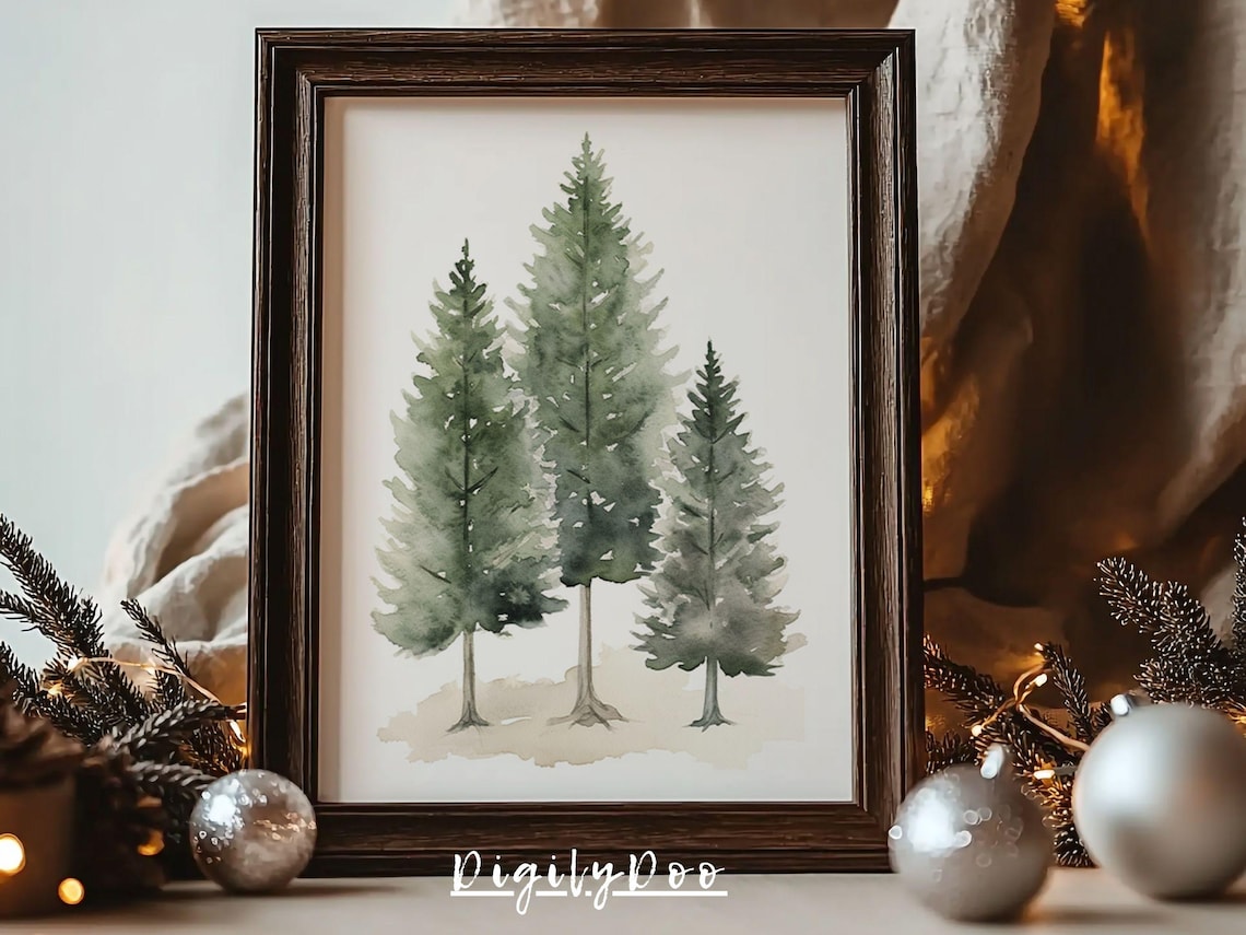 Christmas Pine Tree Print, Vintage Winter Forest Landscape