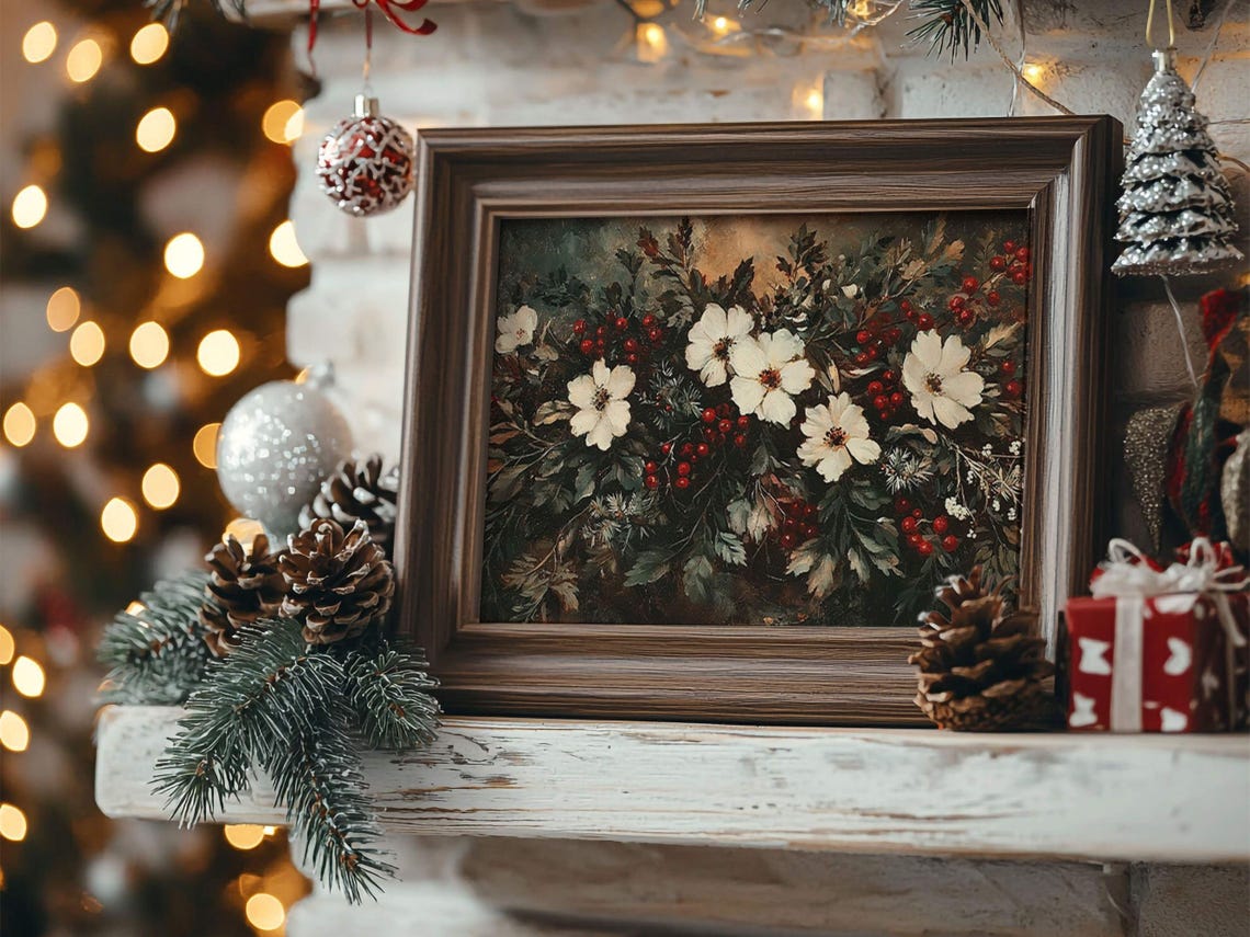 White Blossoms Holiday Floral Still Life Red Berry Winter Art Poster - Image 3
