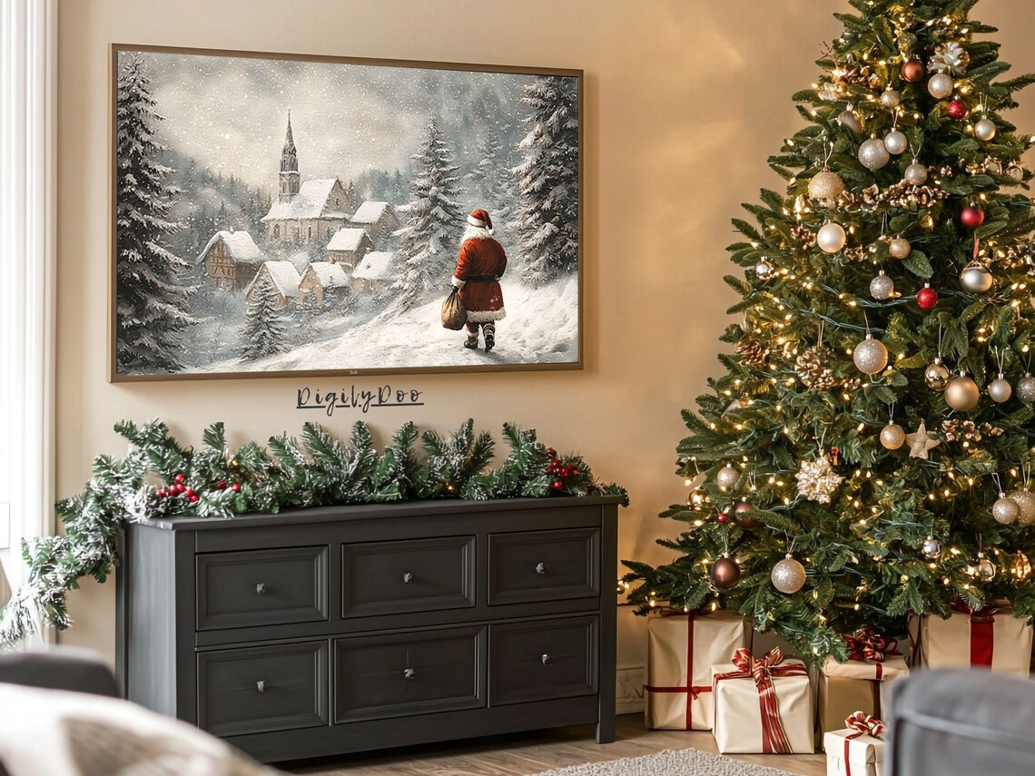 Vintage Santa Claus Christmas Winter Landscape Art Print - Image 3