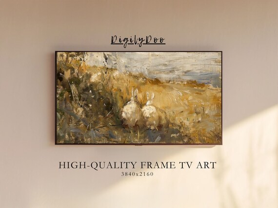 Rabbits Golden Field Impressionist Oil Painting Country Poster