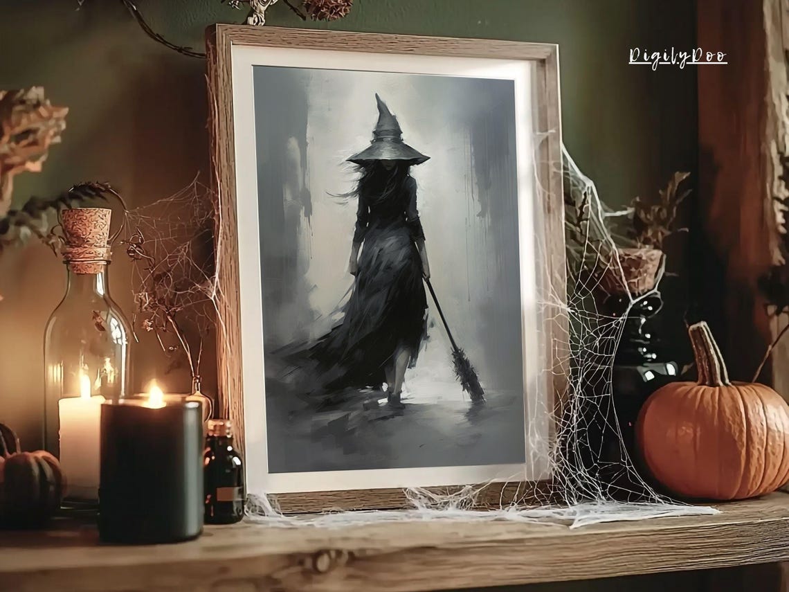 Dark Witch Broom Walking Gray Moody Minimalist Halloween Poster - Image 3