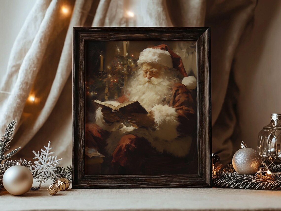 Rustic Santa Claus Reading Book Vintage Christmas Art Print - Image 2