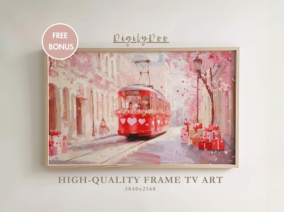 Valentines Day Frame Tv Art Vintage Red Love Tram Tv Decor Moody Romantic Pink City Screensaver Valentines Day Painting