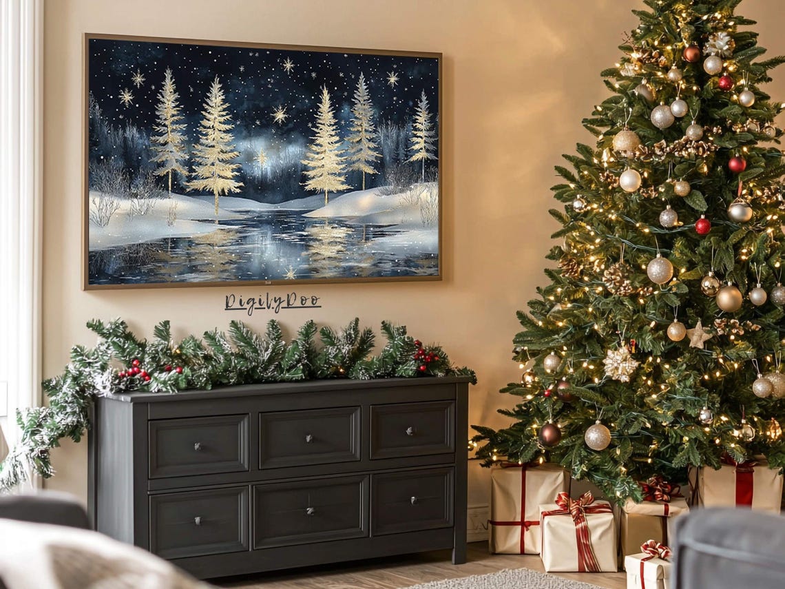 Snowy Pine Lake Starry Night Sky Winter Reflection Calm Art Poster - Image 3