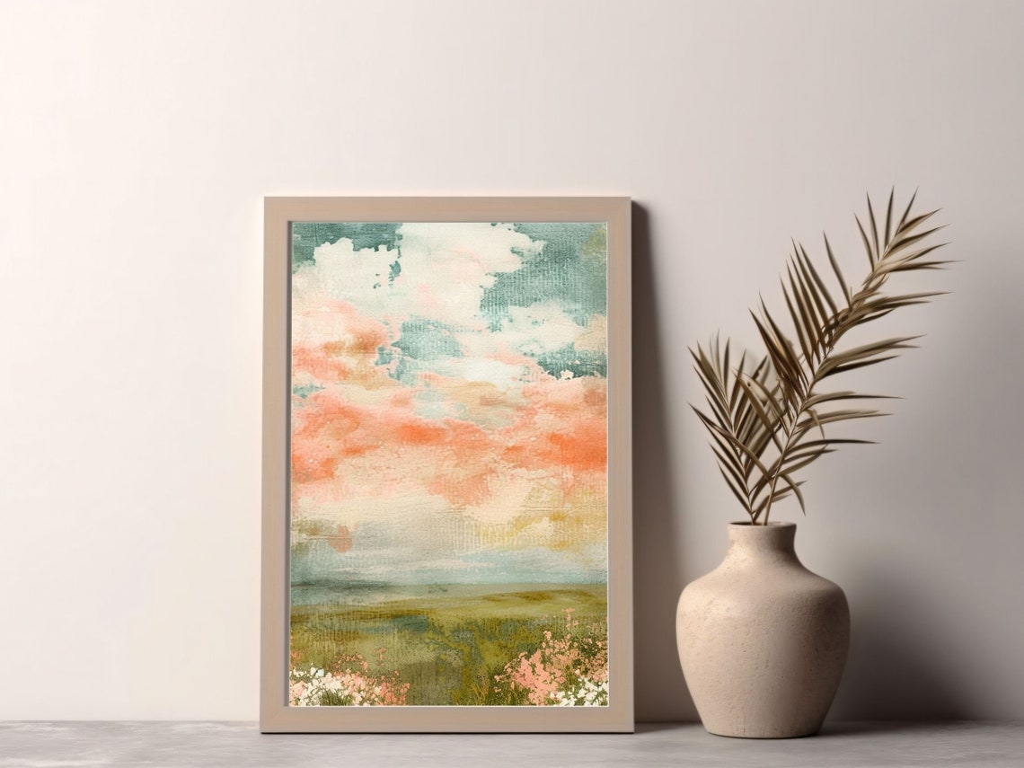 Coral Teal Watercolor Abstract Sky Wildflower Meadow Painting Poster - Image 2