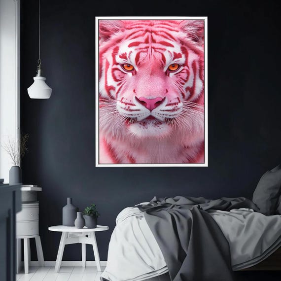 Pink Tiger Face Closeup with Orange Eyes Fantasy Animal Poster