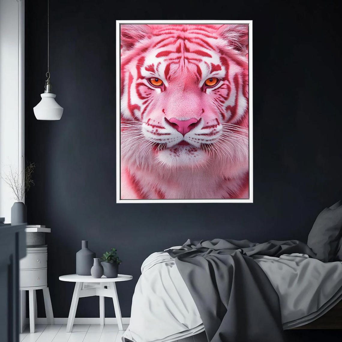 Pink Tiger Face Closeup with Orange Eyes Fantasy Animal Poster