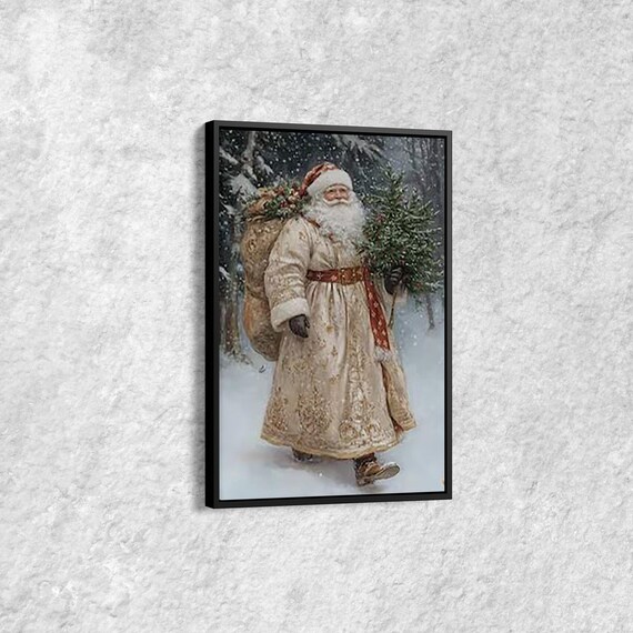 Santa Claus in White Embroidered Coat Walking Snowy Forest Poster