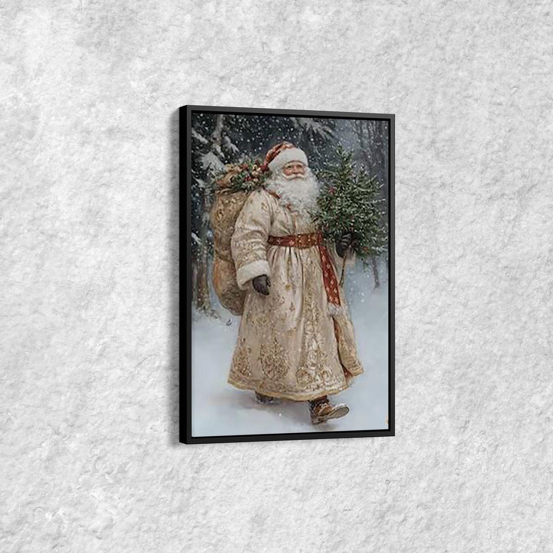 Santa Claus in White Embroidered Coat Walking Snowy Forest Poster