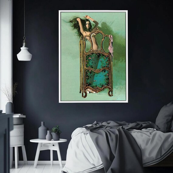 Art Nouveau Nude Woman Behind an Ornate Floral Screen Vintage Poster