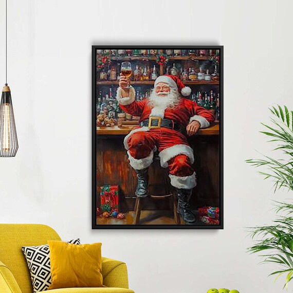 Santa Claus Relaxing Bar Wine Toast Christmas Party Fun Art Poster