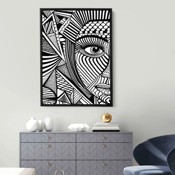 Abstract Black And White Face Line Art Print Modern Optical Wall Geometric Pattern Illustration Surreal Eye Drawing Poster