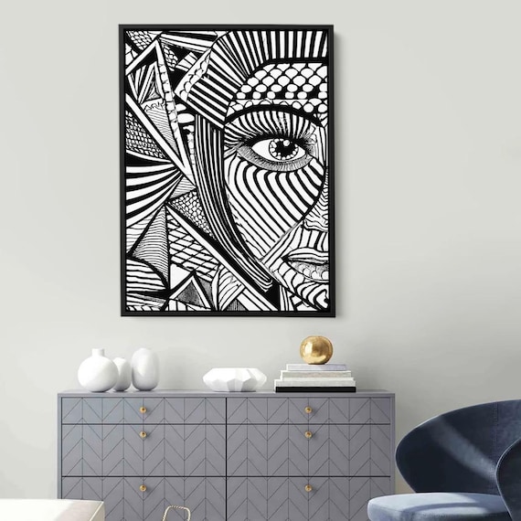 Abstract Face Doodle Intricate Black White Line Drawing Poster