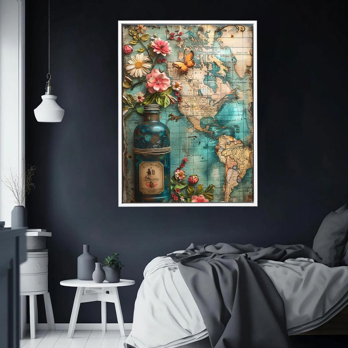 Vintage World Map With Blue Bottle Flowers And Butterfly Travel Poster