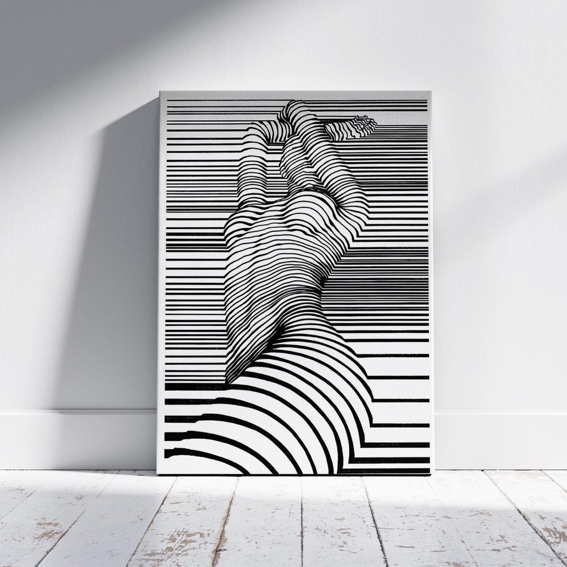 Nude Female Figure Op Art Optical Illusion Black White Lines Poster