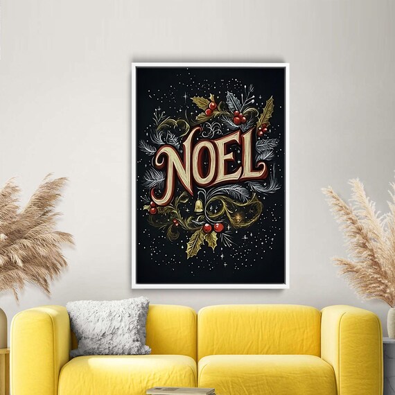 Noel Typography Holly Berries Vintage Christmas Decor Poster