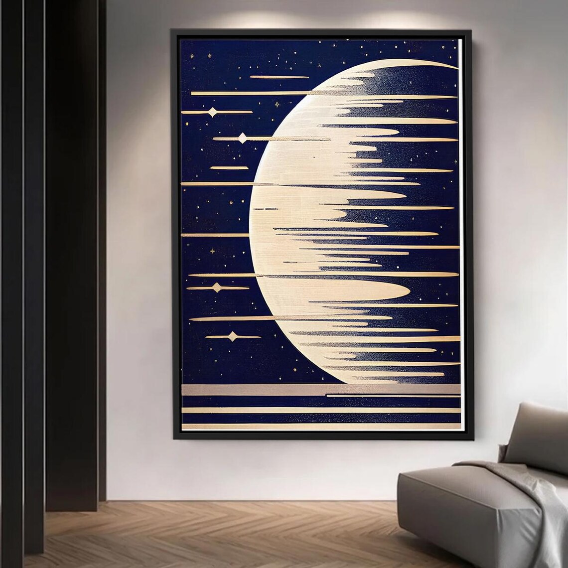 Moon And Stars With Geometric Lines Modern Art Canvas Minimalist Cosmic Wall Decor
