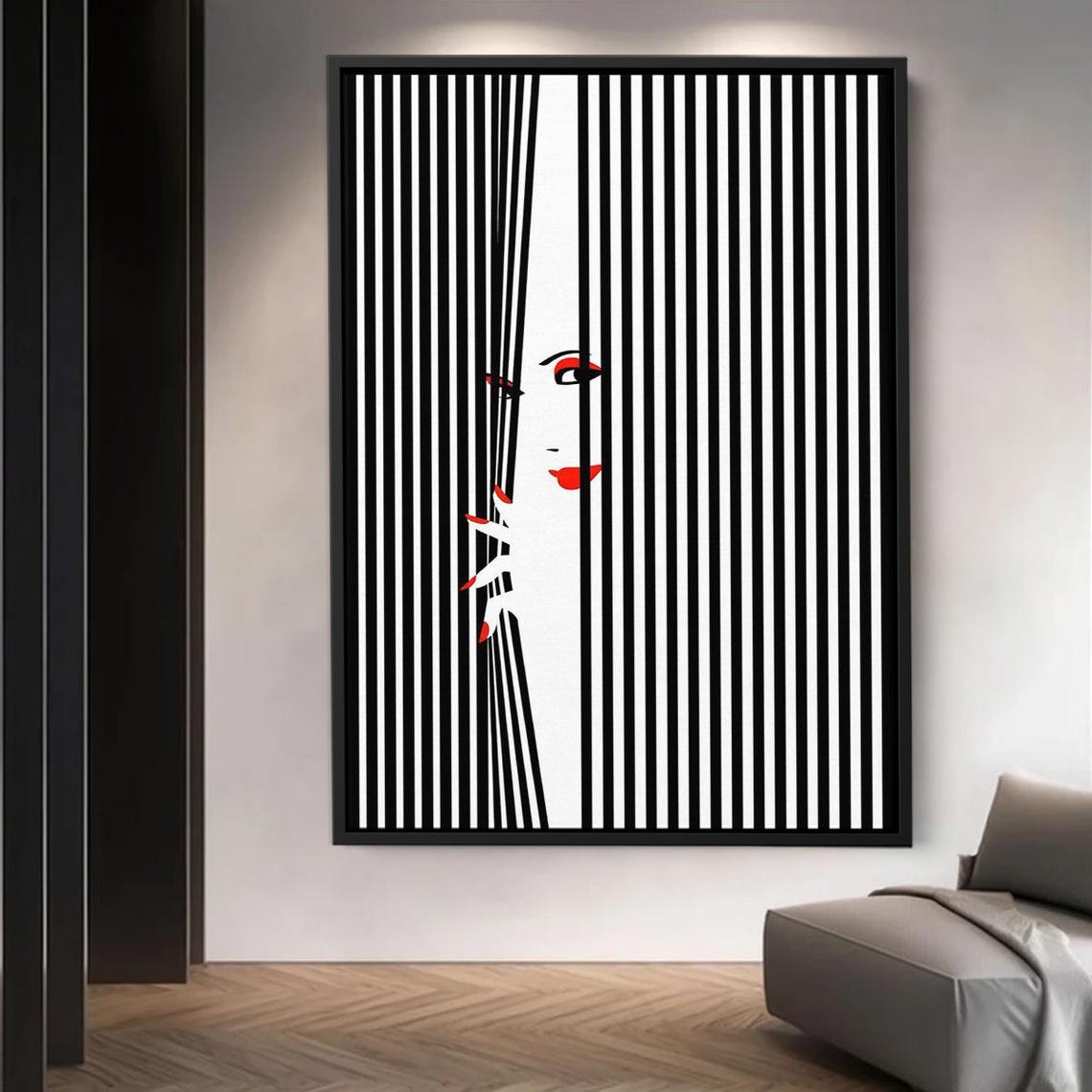 Femme Fatale Optical Illusion Woman Behind Black White Stripes Poster