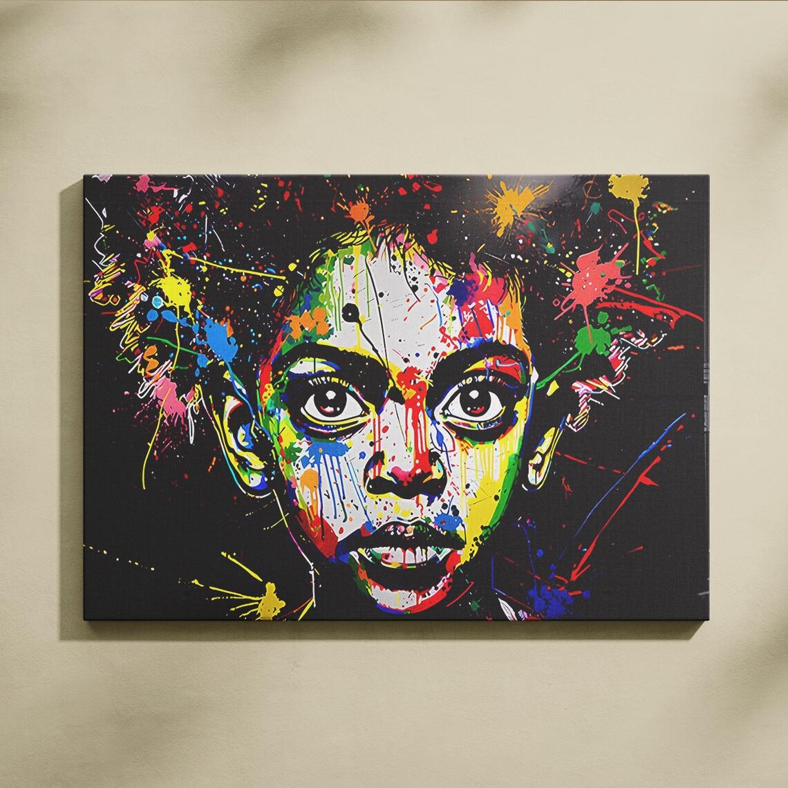 Vibrant Graffiti Child Portrait with Colorful Paint Splashes Art Poster