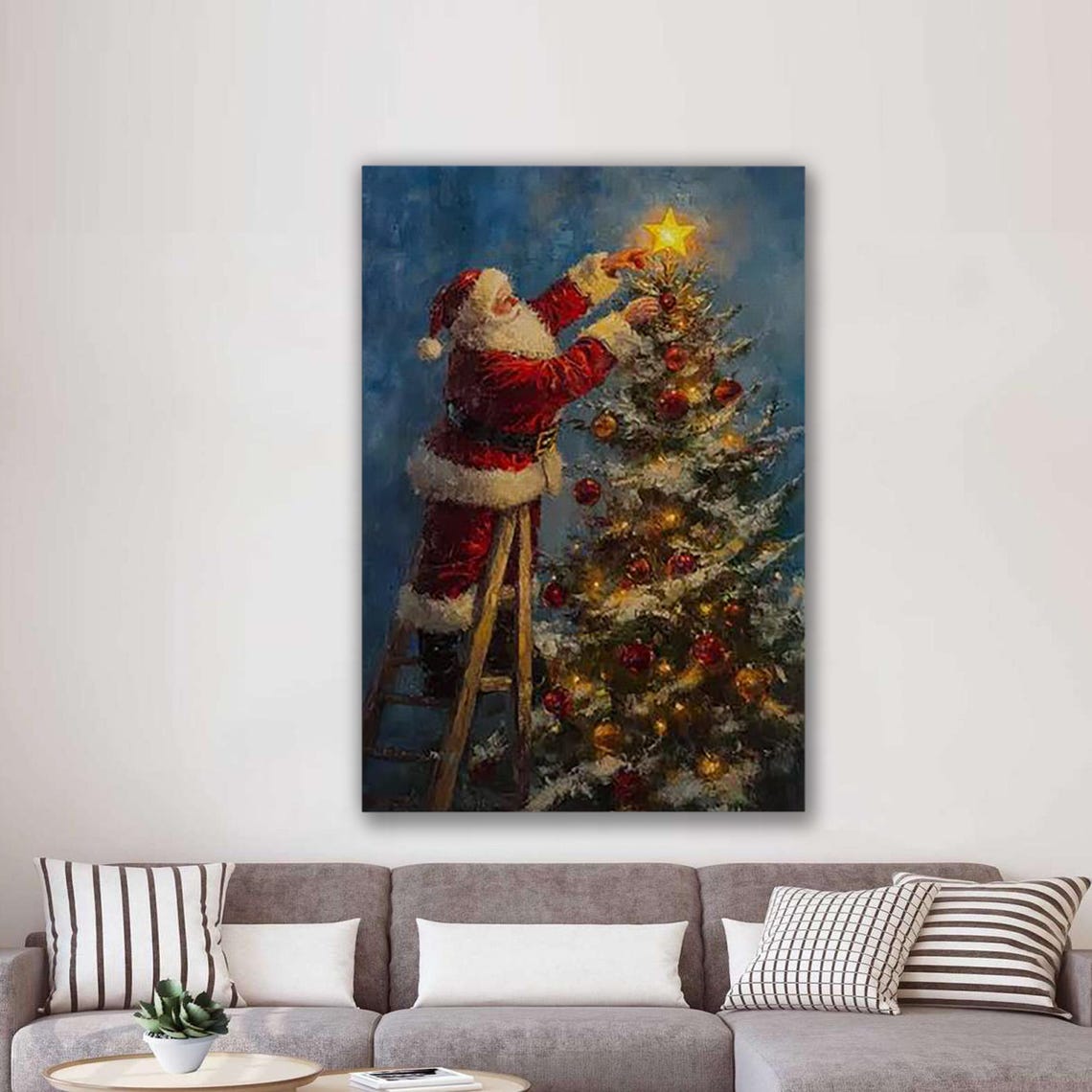 Santa Claus Placing Star Atop Tall Christmas Tree Holiday Poster