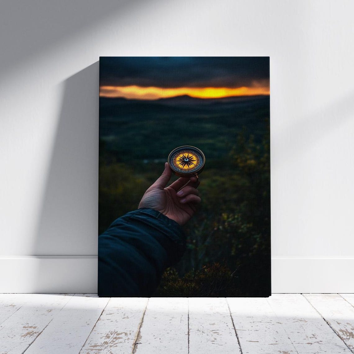 Hand Holding Vintage Compass Over Hills At Golden Sunset Wall Art