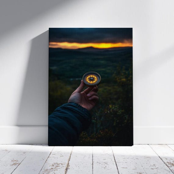 Compass In Hand At Sunset Canvas Adventure Wall Art Wanderlust Nature Poster Journey Inspired Print Travel Photography Decor