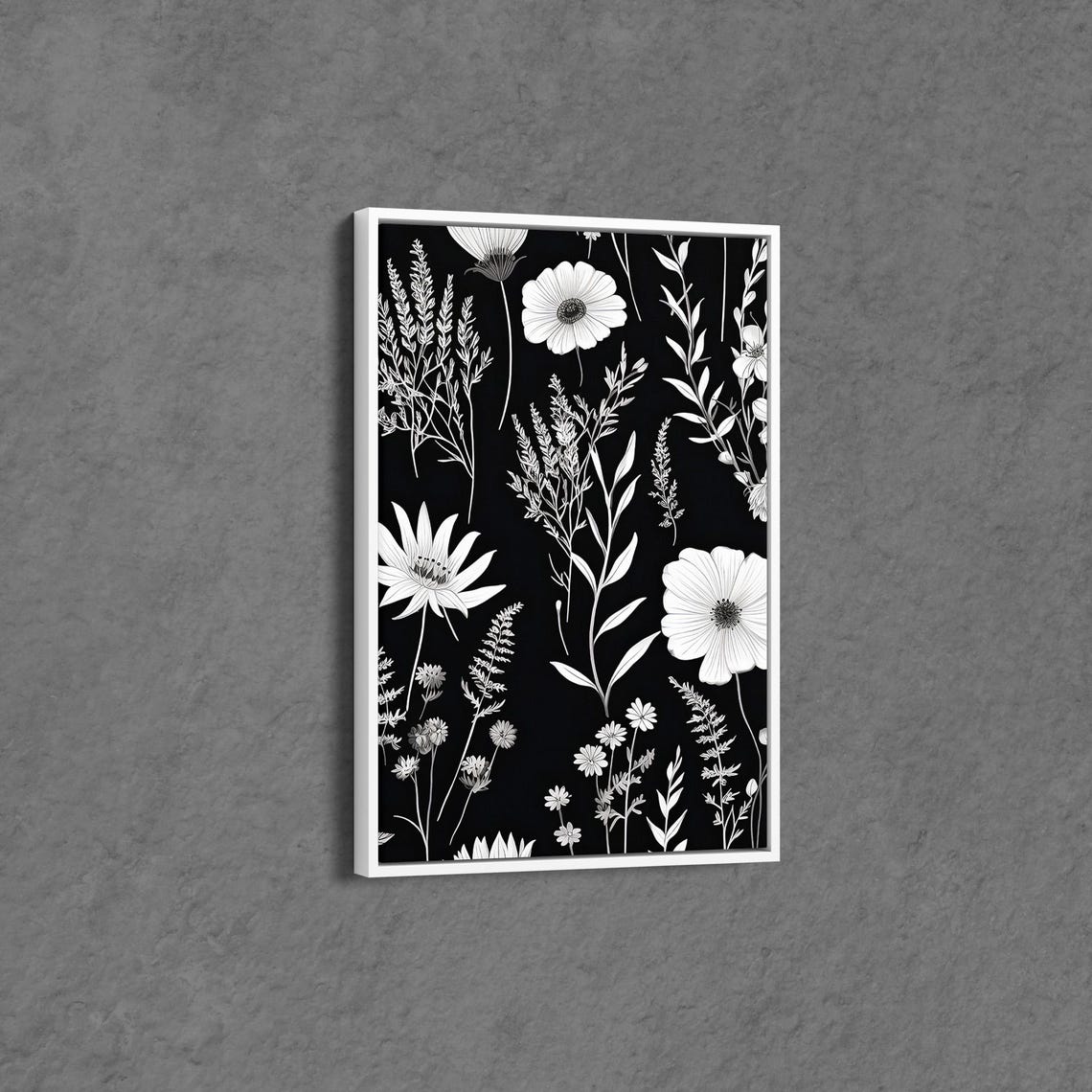 Black And White Botanical Wildflowers On Black Minimal Floral Wall Art