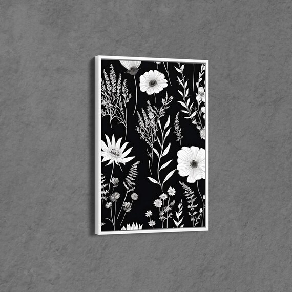 Black And White Floral Canvas Minimalist Wall Art Elegant Modern Home Decoration Monochrome Flower Design
