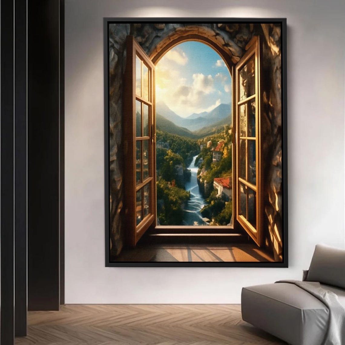 Open Window Frame Mountain Valley River Village Trompe Loeil Wall Art