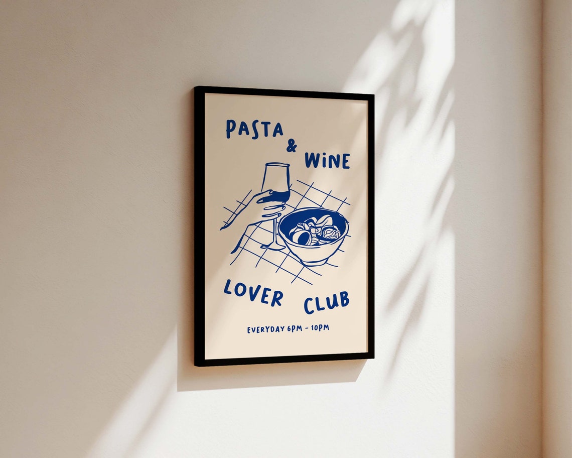 Pasta And Wine Lover Club Retro Kitchen Art Print - Image 3