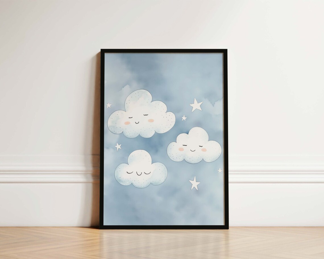 Blue Clouds Boho Nursery Art Print, Boys Bedroom Decor