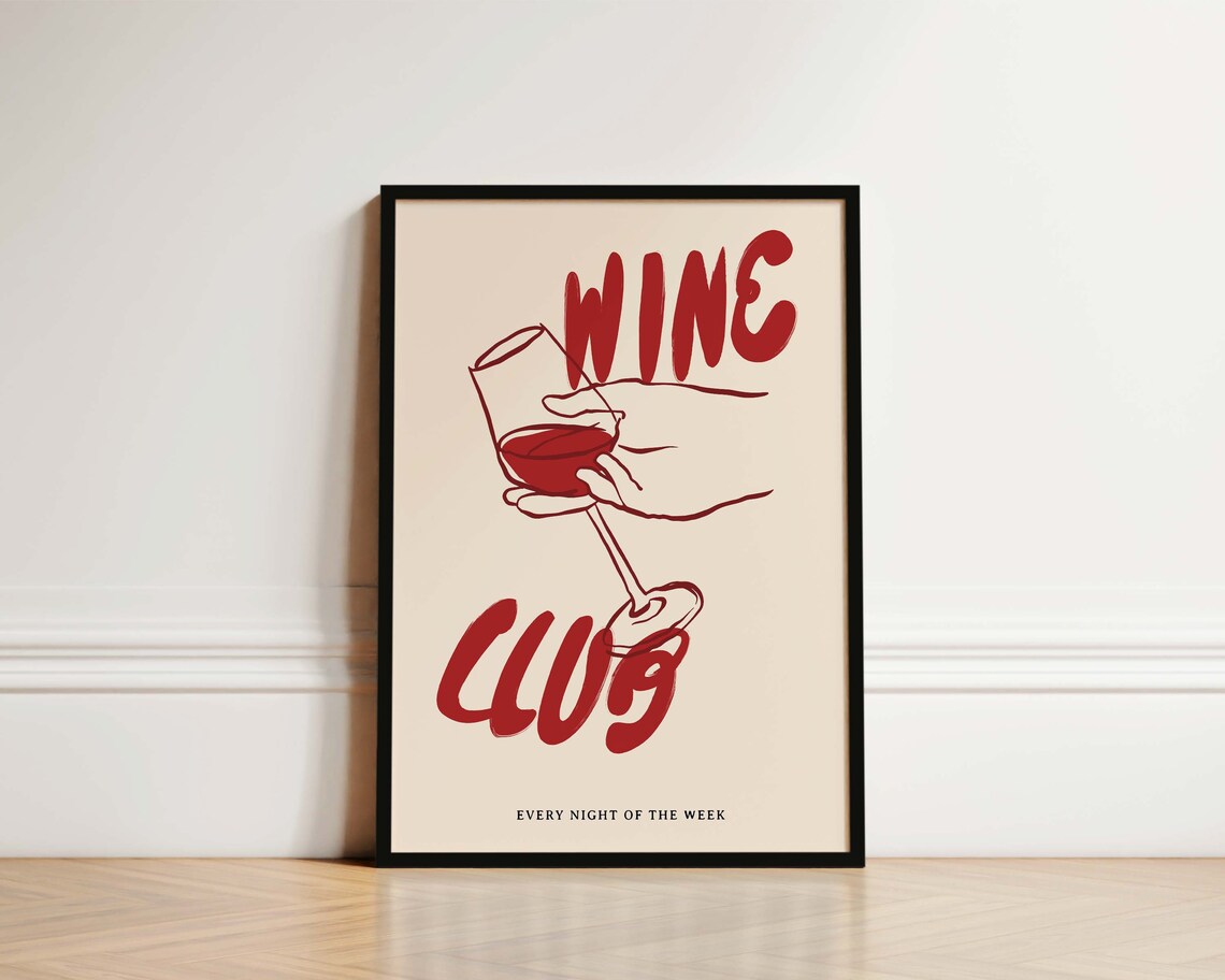 Wine Club Kitchen Print, Wine Line Art Poster