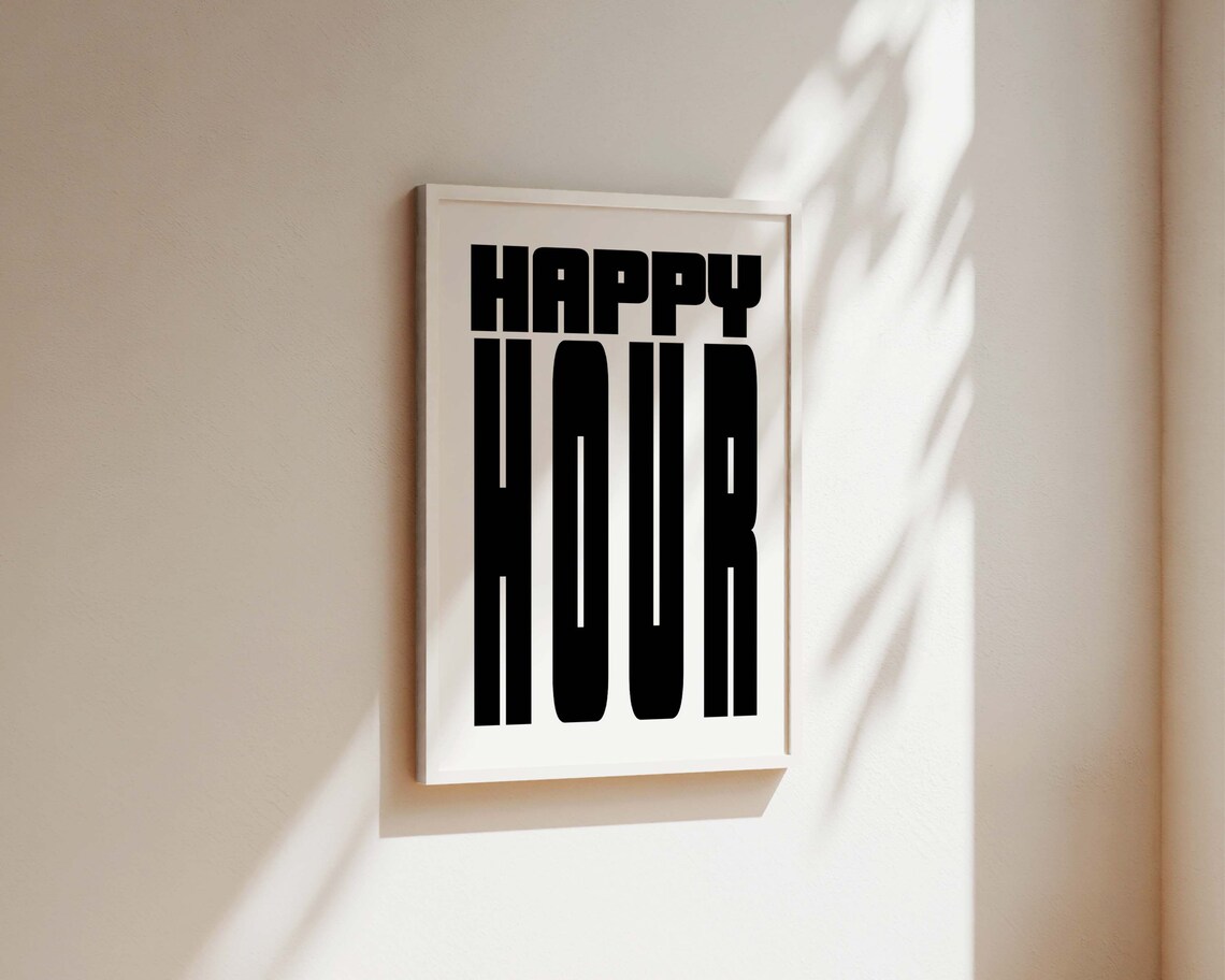 Happy Hour Bold Black Typography Minimalist Home Bar Decor Poster - Image 2