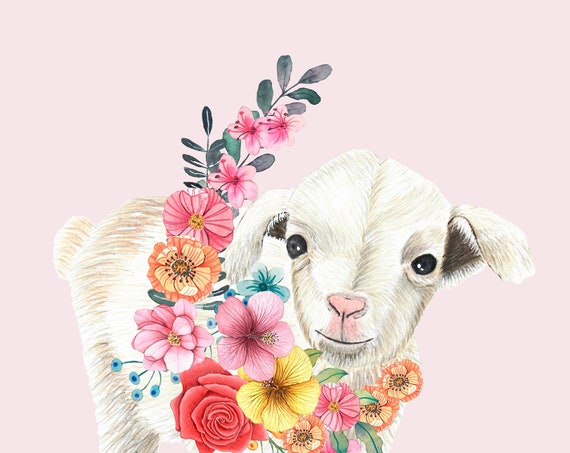 Lamb Wall Art Baby Room Decor Whimsical Animal Nursery Girl Sheep Print Blush Pink Poster