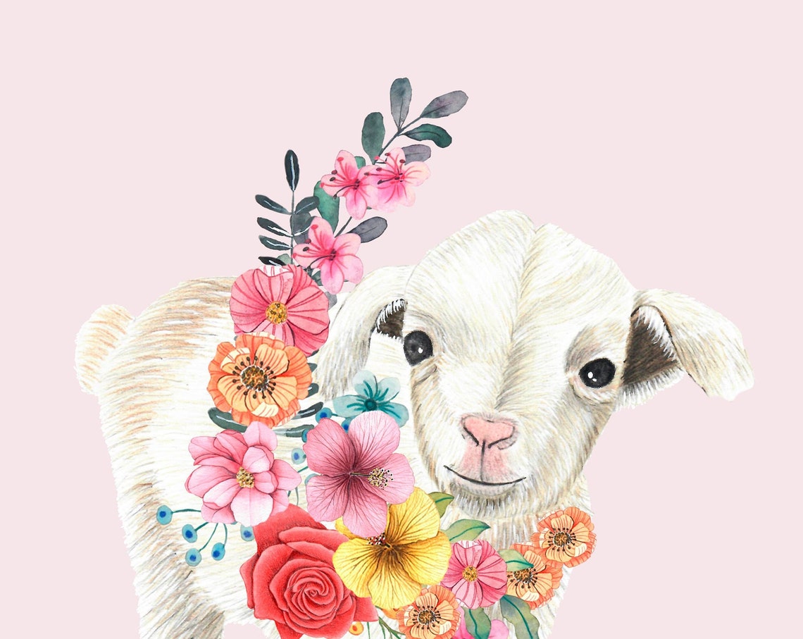 Sweet Baby Lamb Floral Crown Nursery Animal Watercolor Poster
