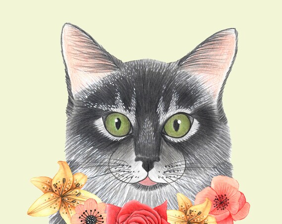 Green Eyed Gray Tabby Cat Floral Portrait Cute Animal Poster