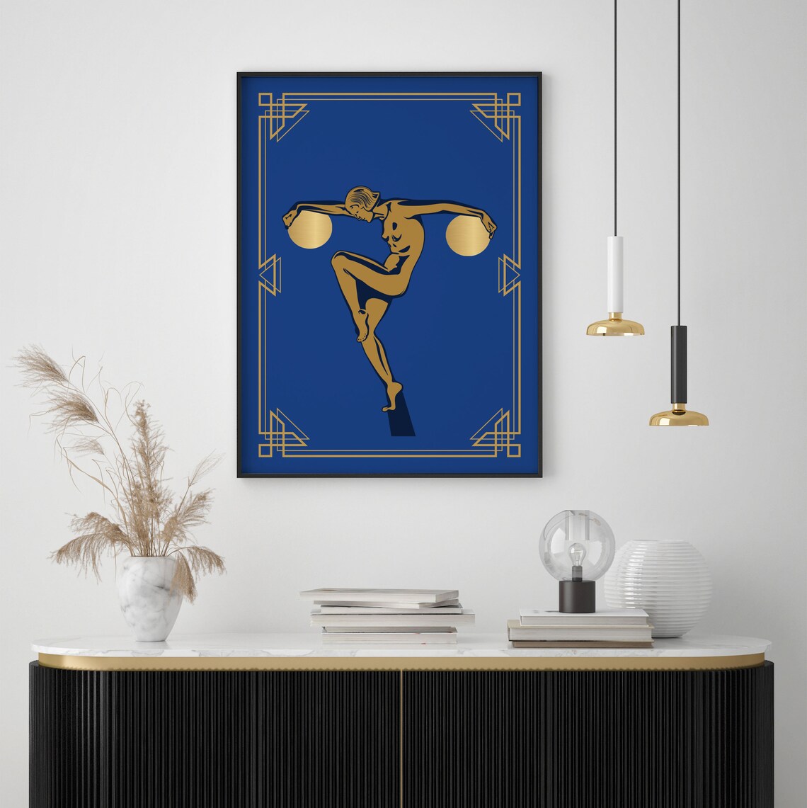 Art Deco Gold Dancer on Cobalt Blue Geometric Frame Art Poster - Image 2