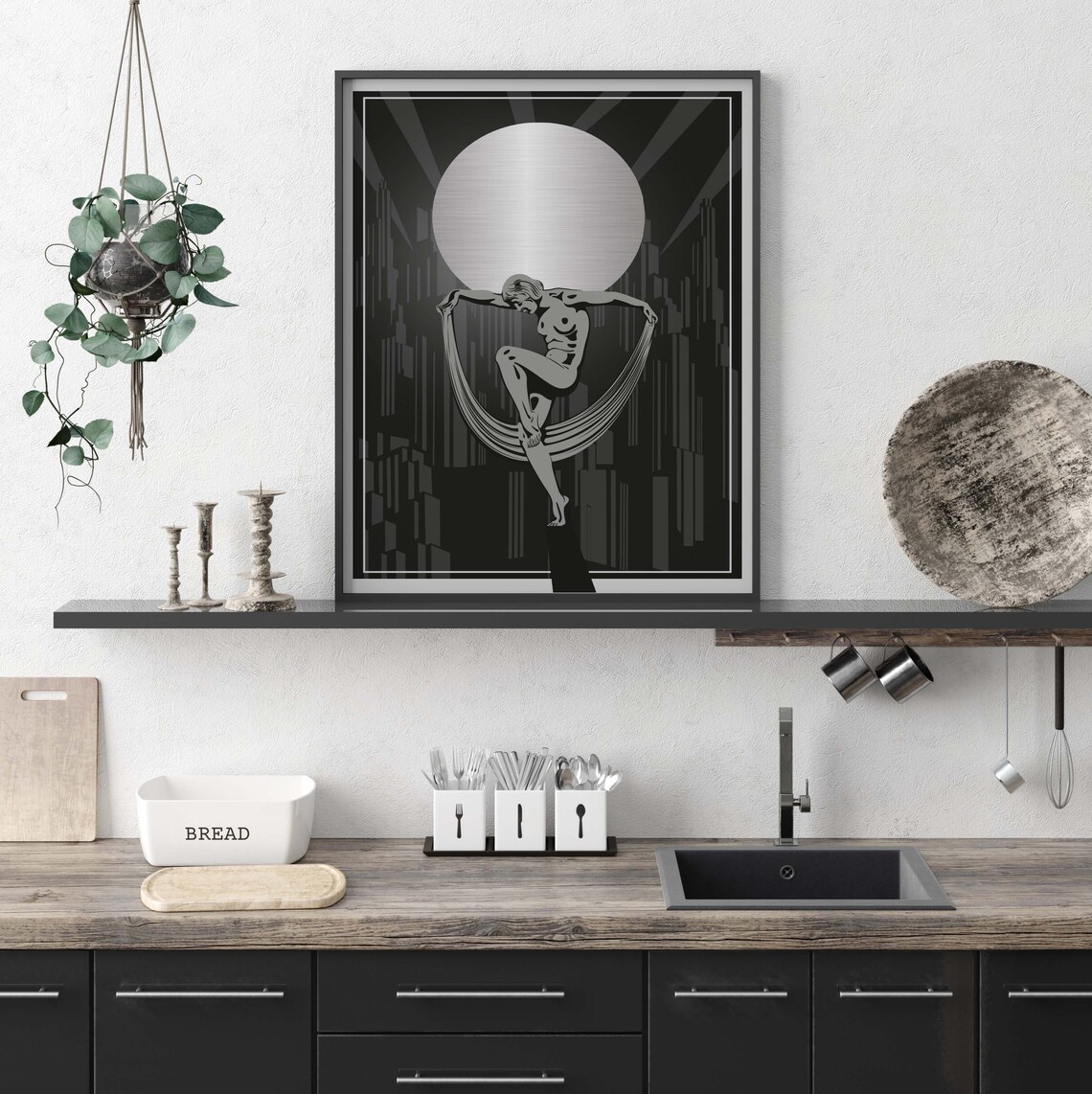 Art Deco Silver Dancer with Moon Over Monochrome City Poster - Image 3