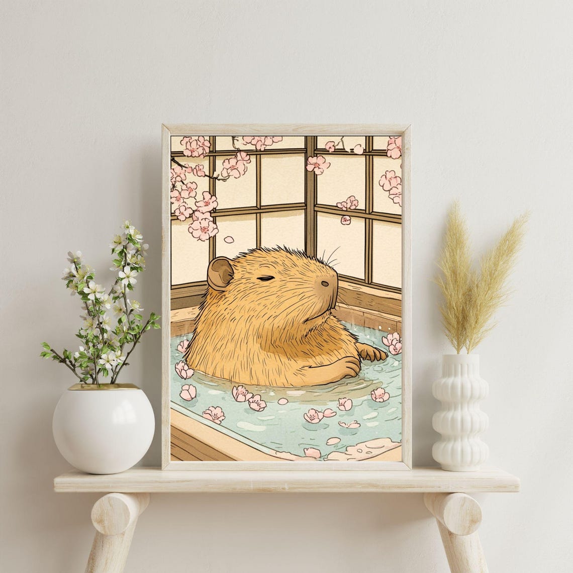 Capybara Relaxing Japanese Onsen Bath Cherry Blossom Cute Poster