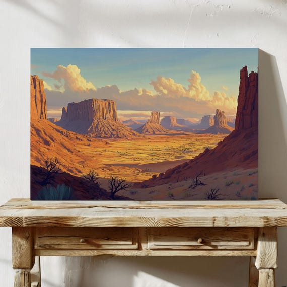 Monument Valley Desert Landscape Western Wall Art Scenic Canyon Painting Rustic Home Decor Southwest Nature Print