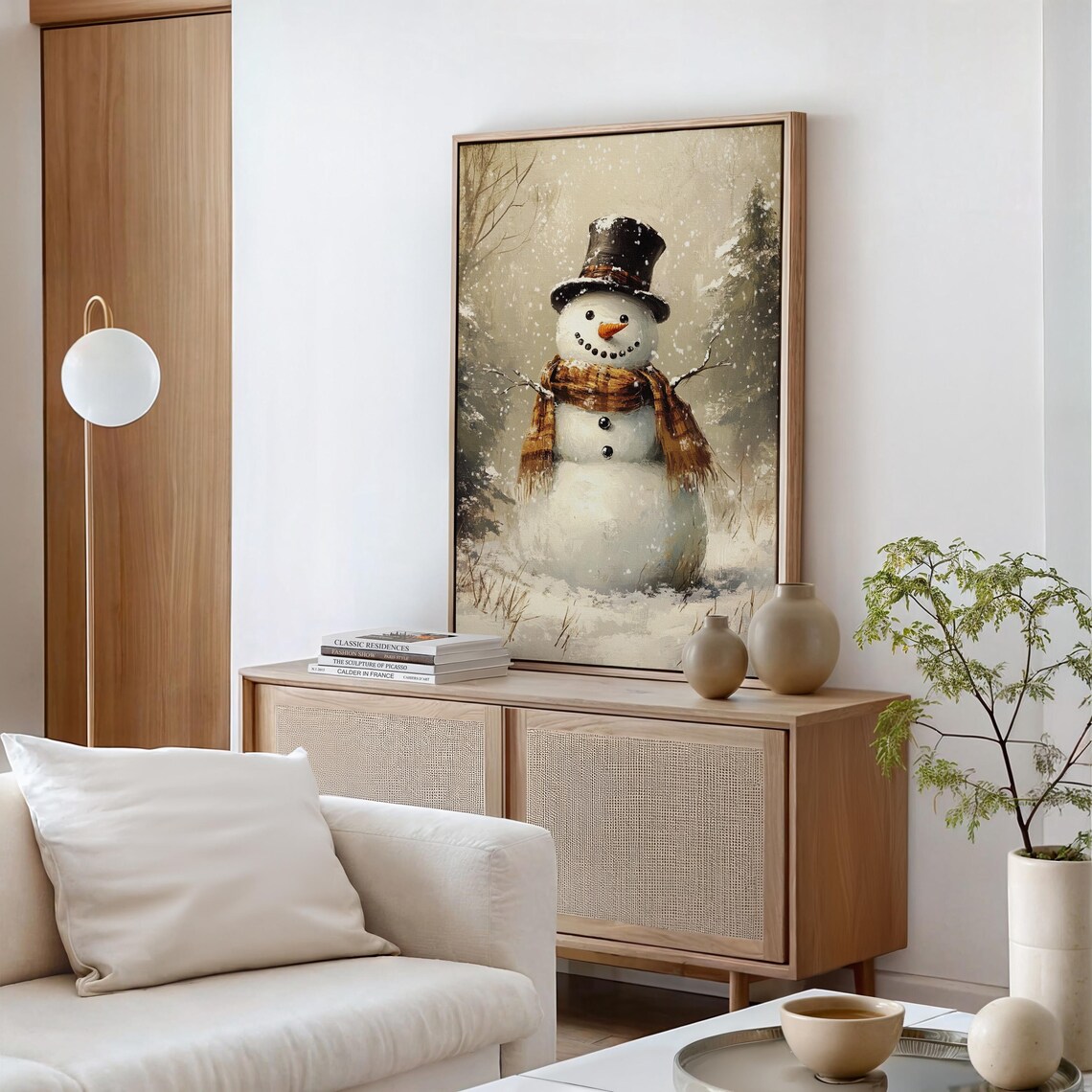 Cute Snowman With Top Hat And Plaid Scarf In Falling Snow Art Poster - Image 5