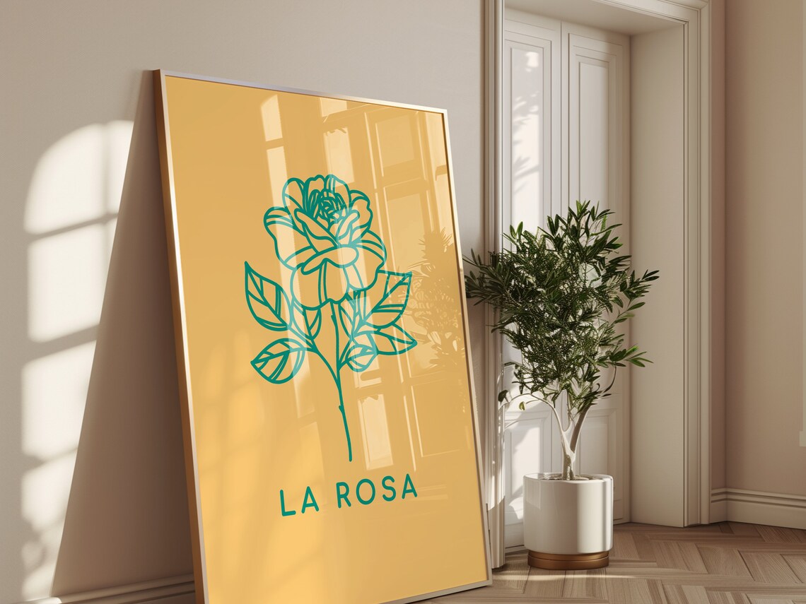 La Rosa Green Line Art Rose Flower Spanish Minimalist Wall Art Print - Image 4