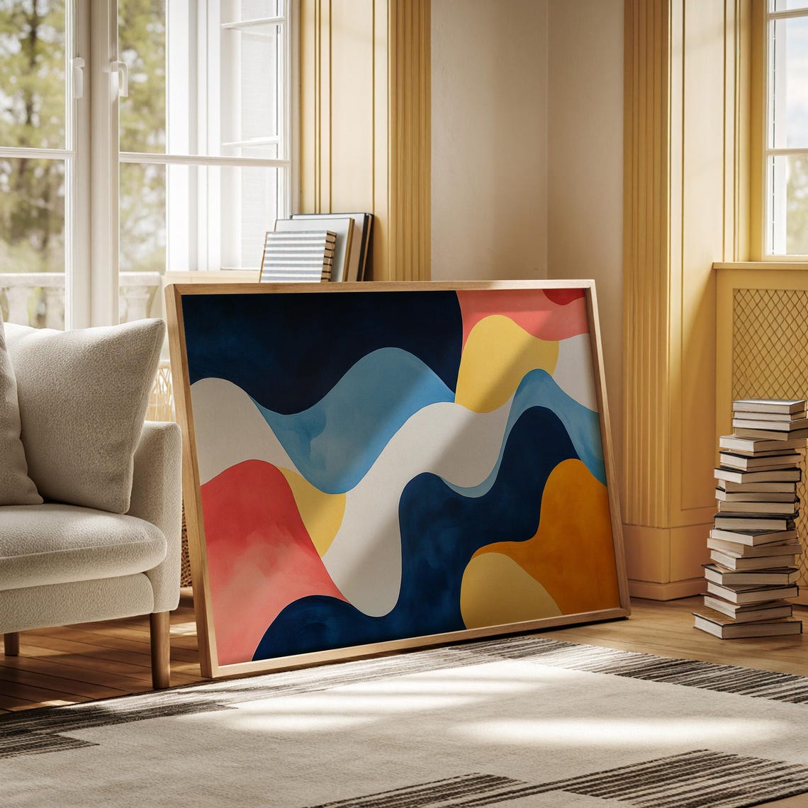Vibrant Abstract Artwork With Flowing Shapes And Bold Colors In Blue Yellow White Red And Navy Evoking Modern Harmony - Image 3