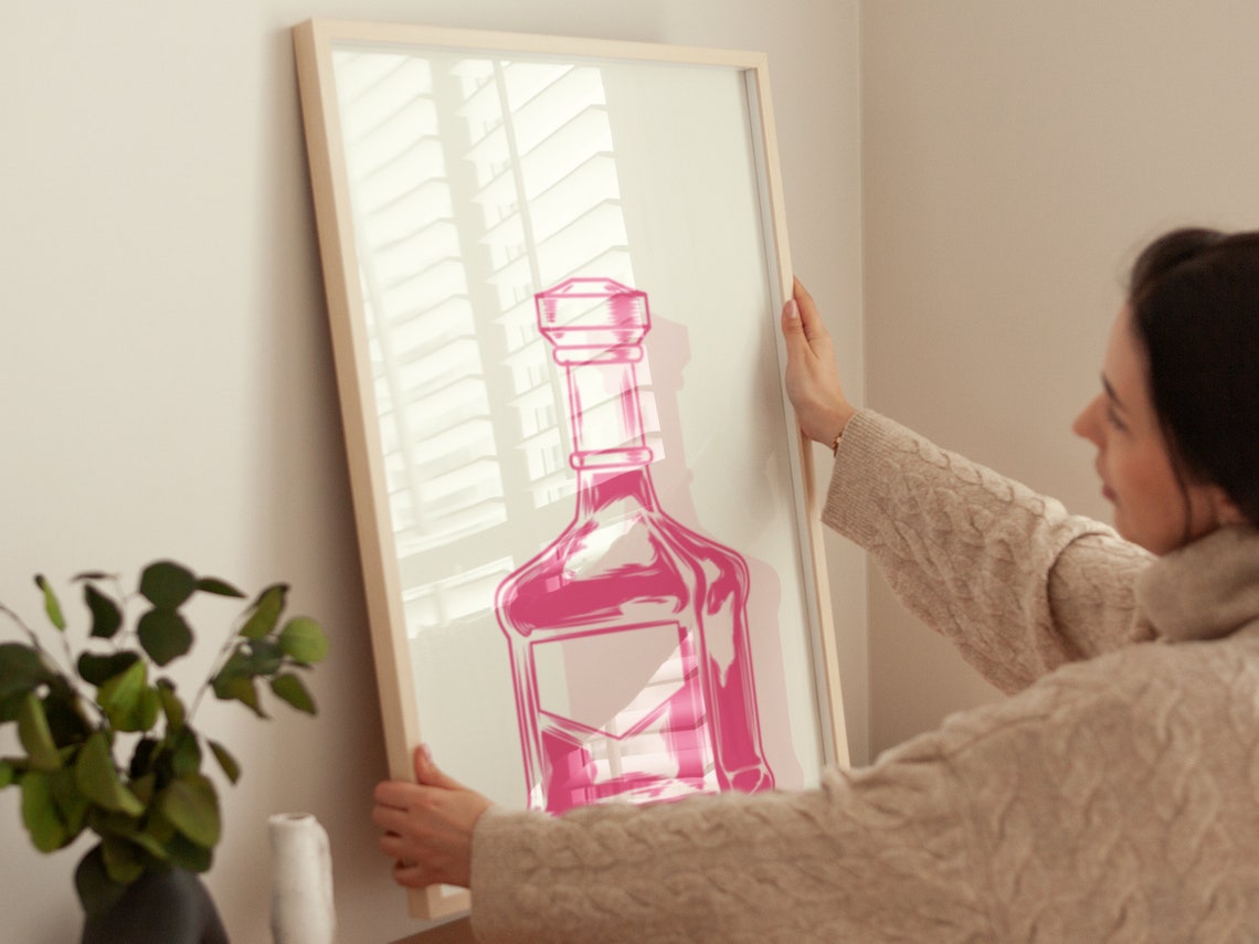 Hot Pink Whiskey Decanter Line Art Modern Cocktail Bar Wall Poster - Image 2