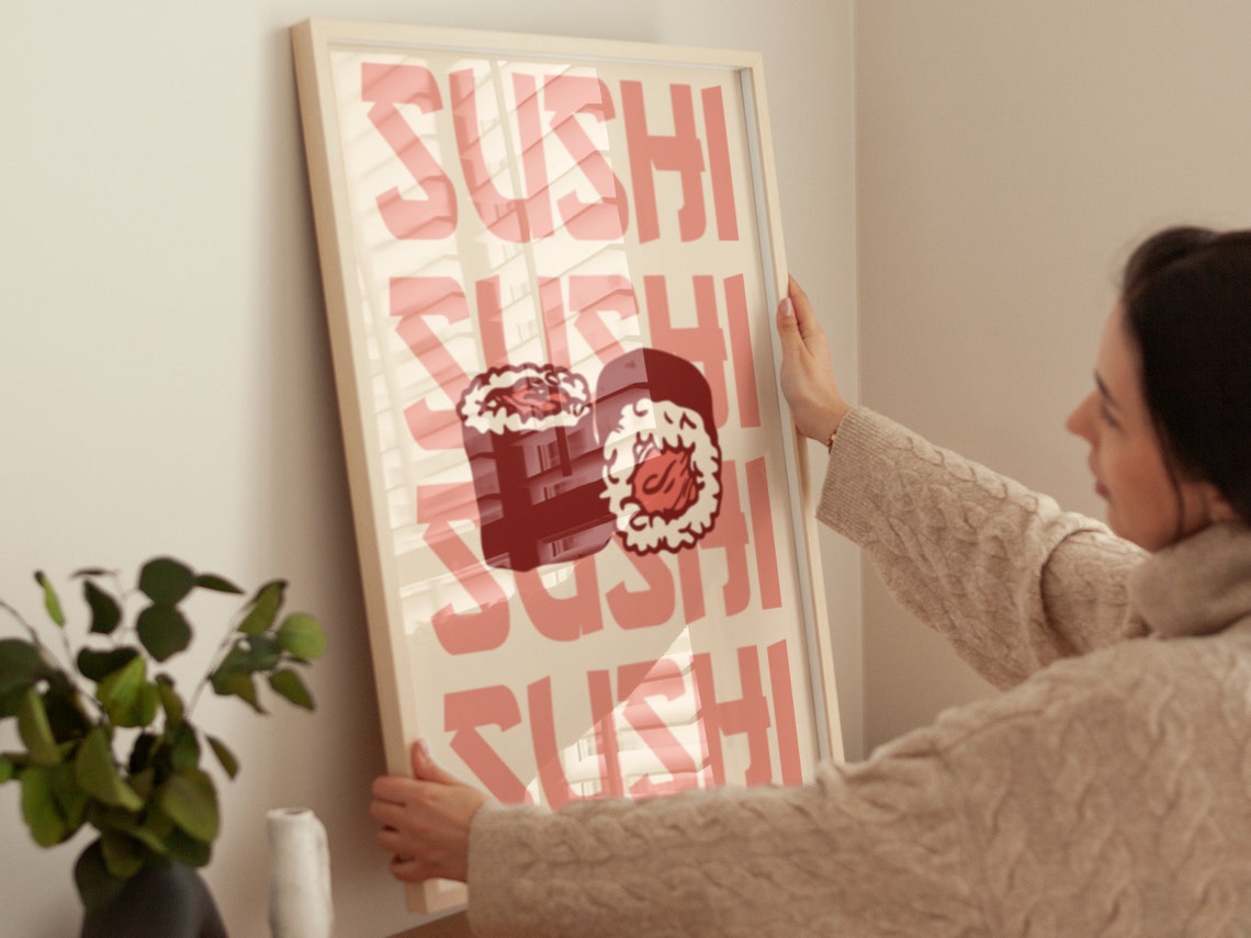 Tuna Maki Sushi Rolls Retro Pink Typography Minimal Kitchen Wall Art - Image 4