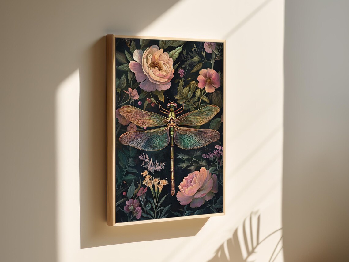 Dragonfly Botanical Peony Floral Dark Moody Vintage Insect Art Poster - Image 3
