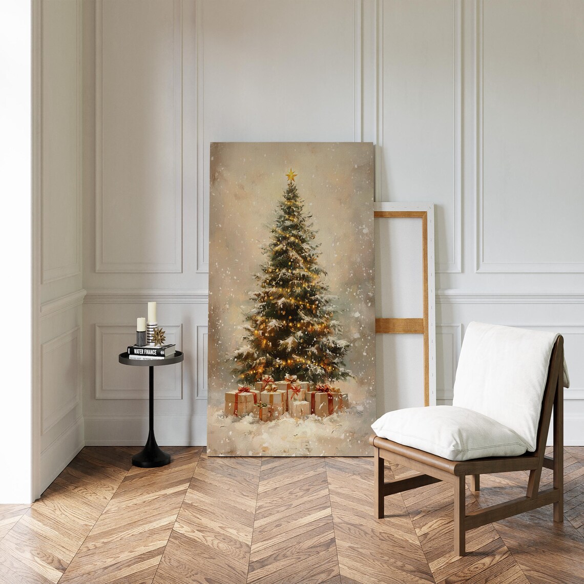 Snowy Christmas Tree With Golden Lights And Gifts Cozy Holiday Poster - Image 2